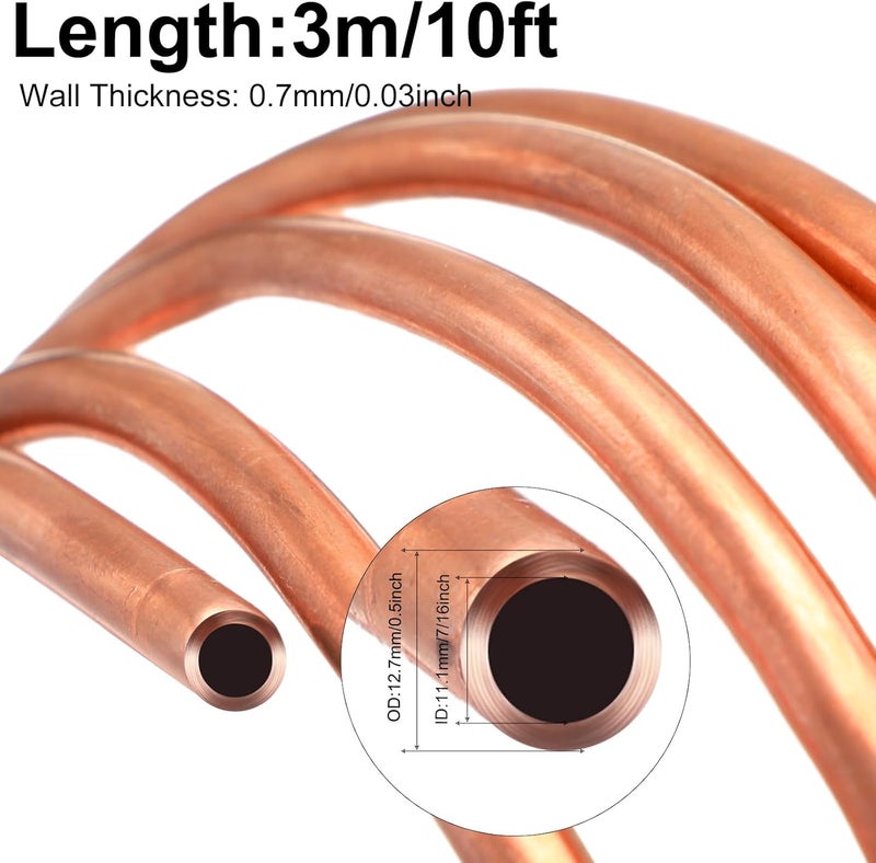 Yaocom أنبوب نحاسي 1/2" OD x 7/16" ID x 10 قدم أنبوب نحاسي للتبريد T2 أنبوب نحاسي لولبي ناعم لأنظمة التكييف، مشاريع DIY، ثلاجات، صناعة - Image 2